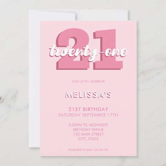 Trendy Pink Modernes Drehbuch 21. Geburtstag Einladung (Vorderseite)