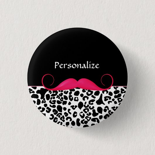 Trendy Pink Mustache Girl Leopard Print mit Namen Button (Vorderseite)