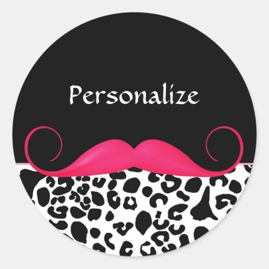 Trendy Pink Mustache Girl Leopard Print mit Namen Runder Aufkleber (Vorderseite)