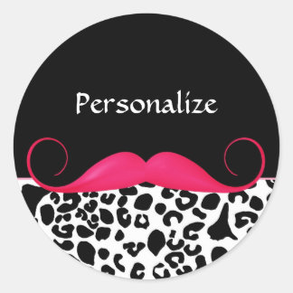 Trendy Pink Mustache Girl Leopard Print mit Namen Runder Aufkleber