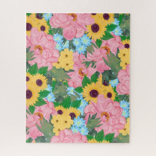 Trendy Pink Peonies Gelbe Sonnenblumen Wasserfarbe Puzzle (Vertikal)