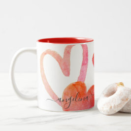Trendy Pink & Red Hearts Monogram Valentines Two-T Zweifarbige Tasse