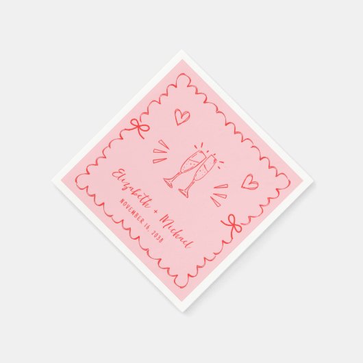 Trendy Pink Red Wavy Frame Wedding Serviette (Ecke)
