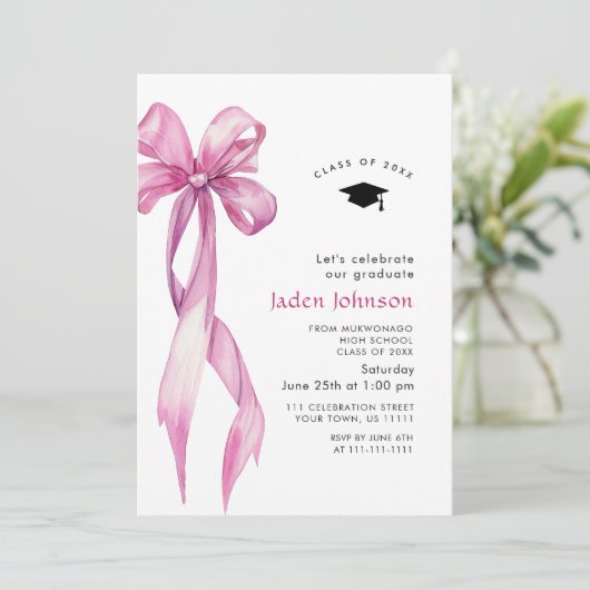 Trendy Pink Rose Bow Ribbon FOTO Graduation Party Einladung (Stehend Vorderseite)
