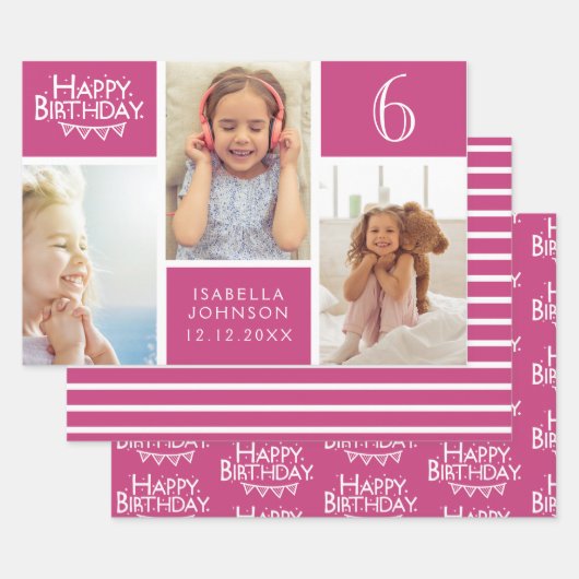 Trendy Pink Stripe Foto Collage Happy Birthday Geschenkpapier Set (Set)