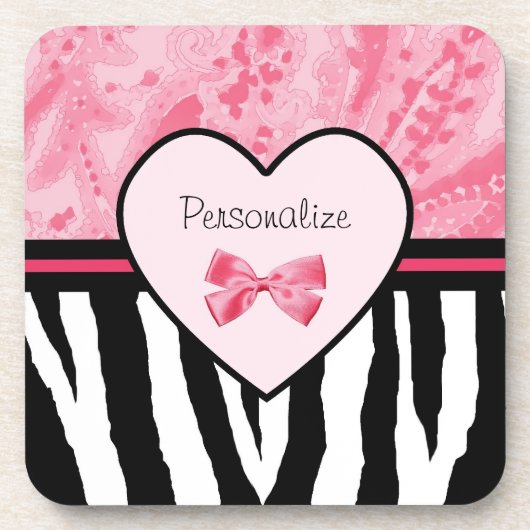 Trendy Pink und Black Zebra Muster Bow und Name Getränkeuntersetzer (Vorderseite)