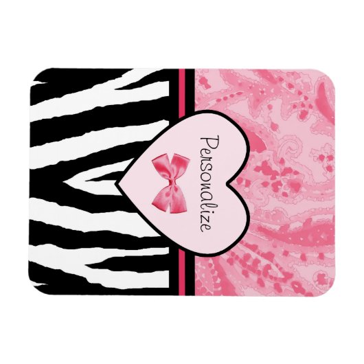 Trendy Pink und Black Zebra Muster Bow und Name Magnet (Horizontal)