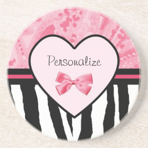Trendy Pink und Black Zebra Muster Bow und Name Sandstein Untersetzer