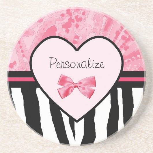 Trendy Pink und Black Zebra Muster Bow und Name Sandstein Untersetzer (Vorne)