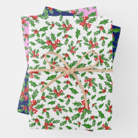 Trendy Pink und Blue Christmas Holly Pattern Geschenkpapier Set (Beispiel)