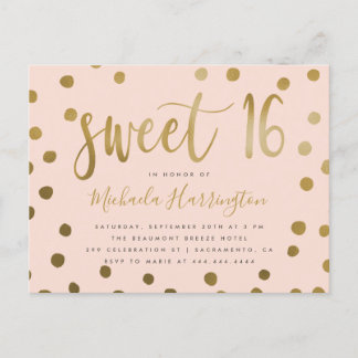 Trendy Pink und Gold Confetti Sweet 16 Geburtstag Einladungspostkarte