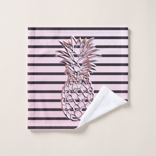 Trendy Pink und Gold gestreifte Ananas Badhandtuch Set (Waschlappen)