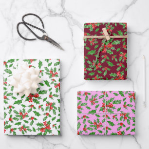 Trendy Pink und Red Christmas Holly Pattern Geschenkpapier Set