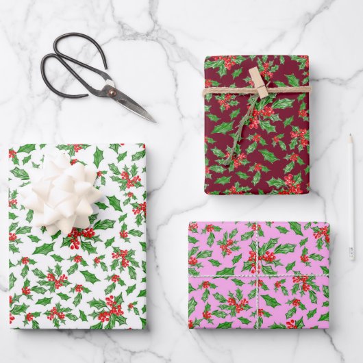 Trendy Pink und Red Christmas Holly Pattern Geschenkpapier Set (Vorderseite)
