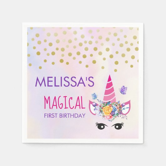 Trendy Pink Unicorn Confetti & Blume Erstgeburt Serviette (Vorderseite)