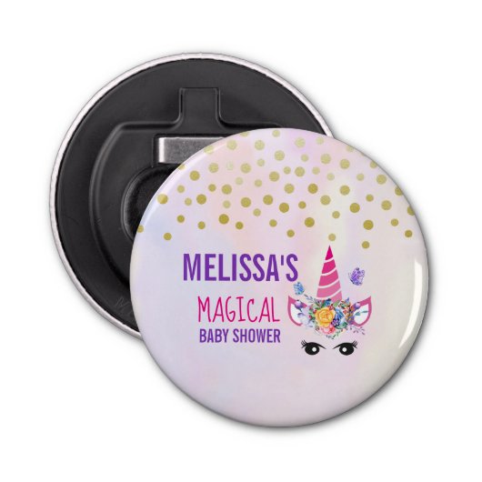Trendy Pink Unicorn Confetti & Blume Kinderdusche Flaschenöffner (Vorderseite)