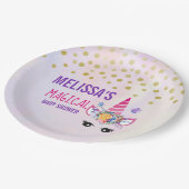 Trendy Pink Unicorn Confetti & Blume Kinderdusche Pappteller (Schrägansicht)