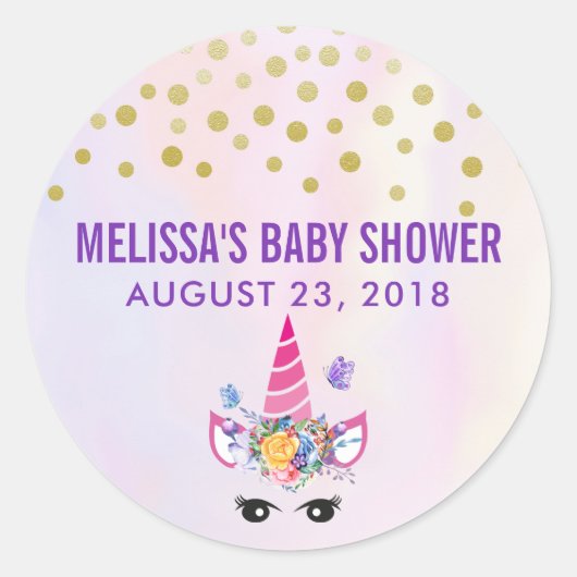 Trendy Pink Unicorn Confetti & Blume Kinderdusche Runder Aufkleber (Vorderseite)