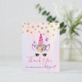 Trendy Pink Unicorn mit Blume Party Vielen Dank Postkarte (Stehend Vorderseite)