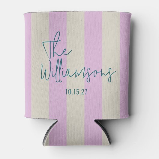 Trendy Pink White Stripes Custom Script Wedding Dosenkühler (Vorderseite)