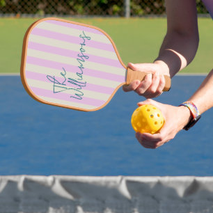 Trendy Pink White Stripes Custom Script Wedding Pickleball Schläger