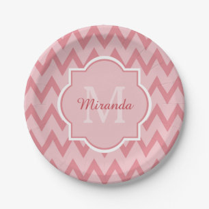 Trendy Pink Zickzack Zigzag Name und Monogram Pappteller