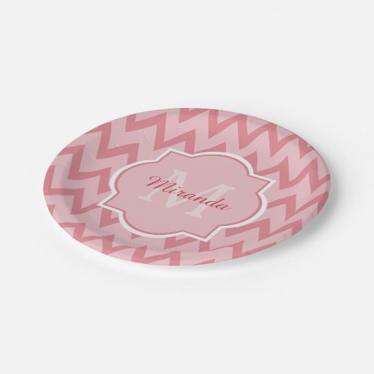 Trendy Pink Zickzack Zigzag Name und Monogram Pappteller (Schrägansicht)