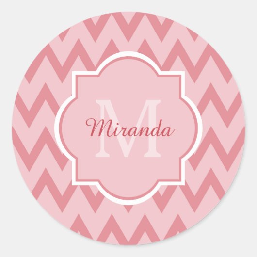 Trendy Pink Zickzack Zigzag Name und Monogram Runder Aufkleber (Vorderseite)