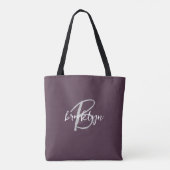 Trendy Plum Lila Grau White Script Monogram Tasche (Rückseite)