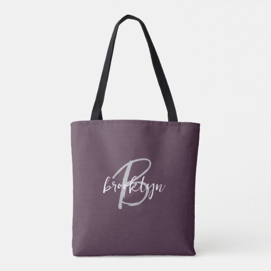 Trendy Plum Lila Grau White Script Monogram Tasche (Rückseite)