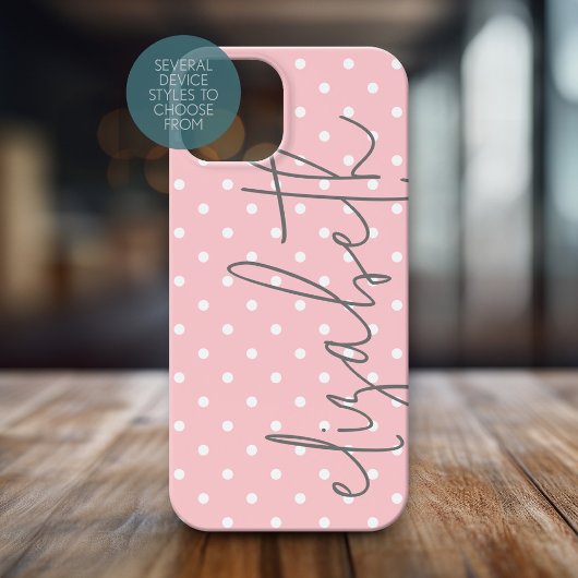 Trendy Polka Dot blush rosa Skript graue Namen Case-Mate iPhone Hülle