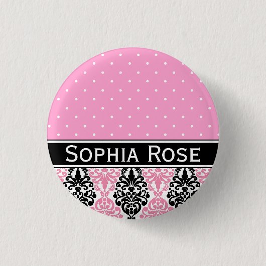 Trendy Polka Dot Damask Muster mit Name Button (Vorderseite)