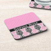 Trendy Polka Dot Damask Muster mit Name Getränkeuntersetzer (Linke Seite)