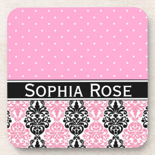 Trendy Polka Dot Damask Muster mit Name Getränkeuntersetzer