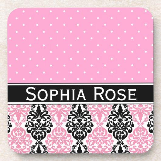 Trendy Polka Dot Damask Muster mit Name Getränkeuntersetzer (Vorderseite)