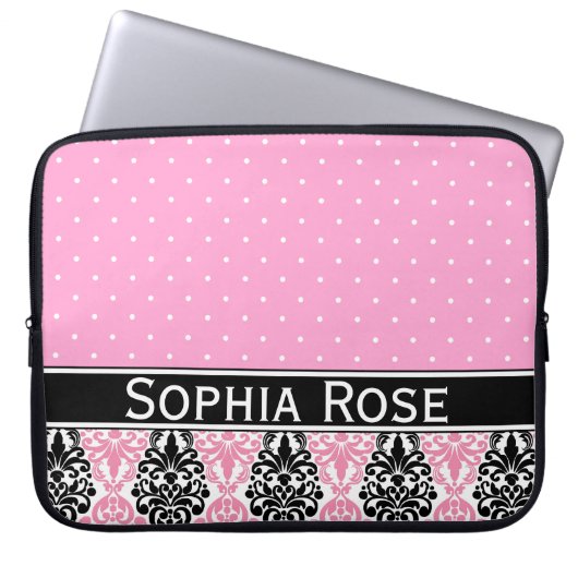 Trendy Polka Dot Damask Muster mit Name Laptopschutzhülle (Vorderseite)