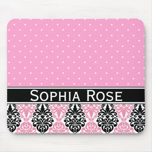 Trendy Polka Dot Damask Muster mit Name Mousepad (Vorne)