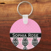 Trendy Polka Dot Damask Muster mit Name Schlüsselanhänger (Vorderseite)