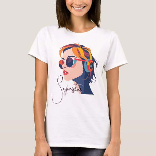 Trendy Pop Art Woman mit Kopfhörern T-Shirt (Vorderseite)