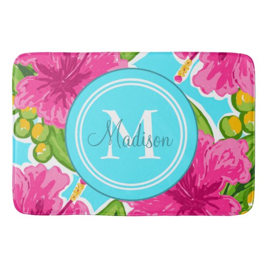 Trendy Preppy Style Hibisken Monogram Name Badematte (Vorderseite)