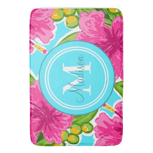 Trendy Preppy Style Hibisken Monogram Name Badematte (Vorderseite Vertikal)