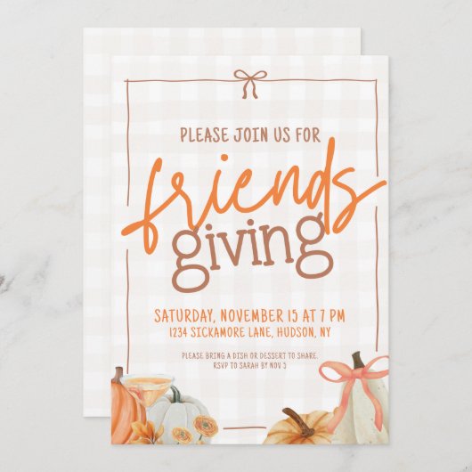 Trendy Pumpkin Bow Kariert Friendsgiving Einladung (Vorne/Hinten)