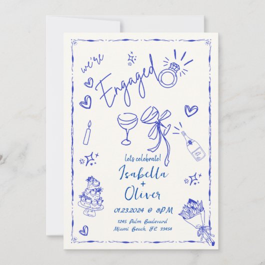 Trendy Quirky Blue Hand Drawing Party Einladung (Vorderseite)