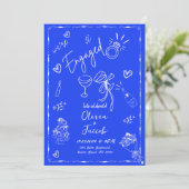 Trendy Quirky Fun Blue Hand gezeichnete Engagement Einladung (Stehend Vorderseite)