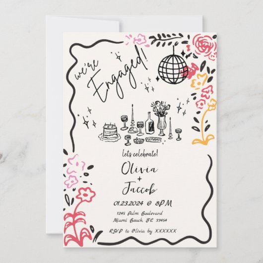 Trendy Quirky Fun Hand Drawing Wavy Engagement Par Einladung (Vorderseite)