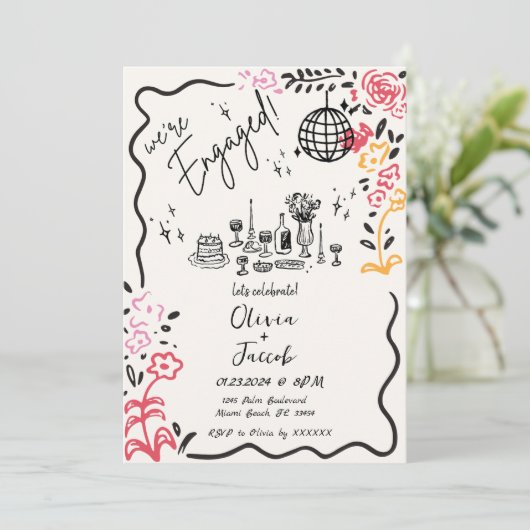Trendy Quirky Fun Hand Drawing Wavy Engagement Par Einladung (Stehend Vorderseite)