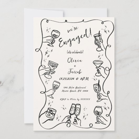 Trendy Quirky Hand Dragle Engagement Party Einladung (Vorderseite)
