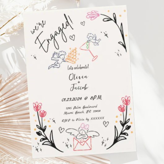 Trendy Quirky Hand Drawing Cupid Engagement Party Einladung