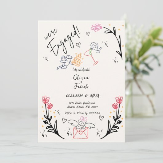 Trendy Quirky Hand Drawing Cupid Engagement Party Einladung (Stehend Vorderseite)
