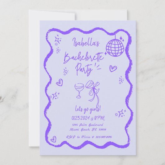 Trendy Quirky Wavy Hand Drawing Junggeselinnen-Abs Einladung (Vorderseite)